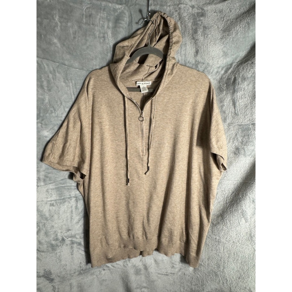 Poppy & Whimsy Tan Quarter Zip‎ Knit Hoodie Sweater soft neutral 1X Womens